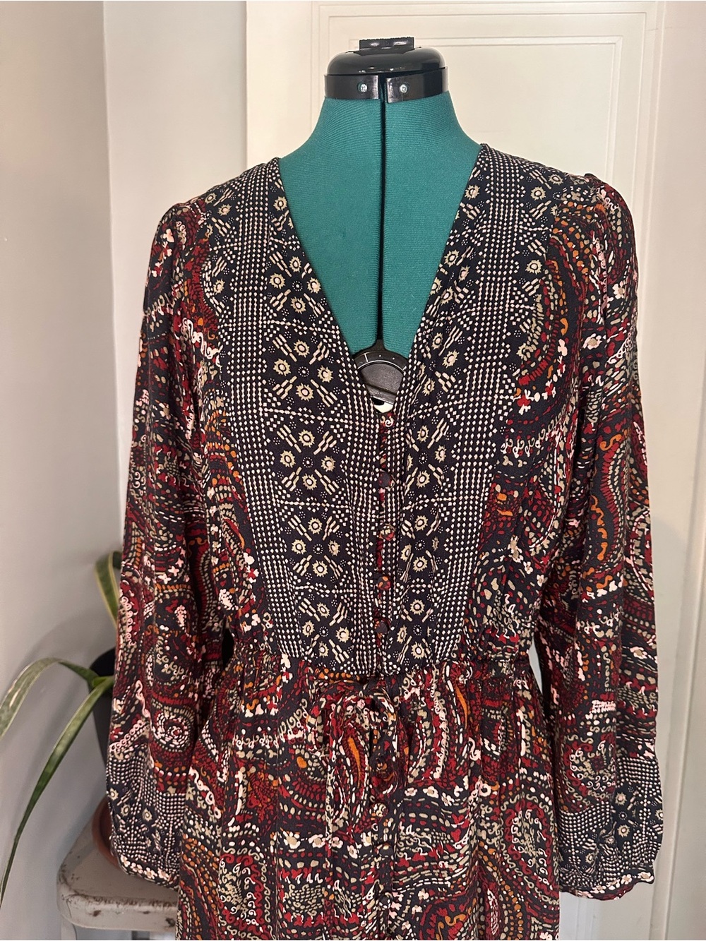 Knox Rose Burgundy Paisley Long Sleeve Maxi Dress with buttons - Picture 4 of 11